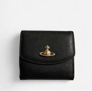 Vivienne westwood Black Leather Compact Wallet with Gold Orb Emblem